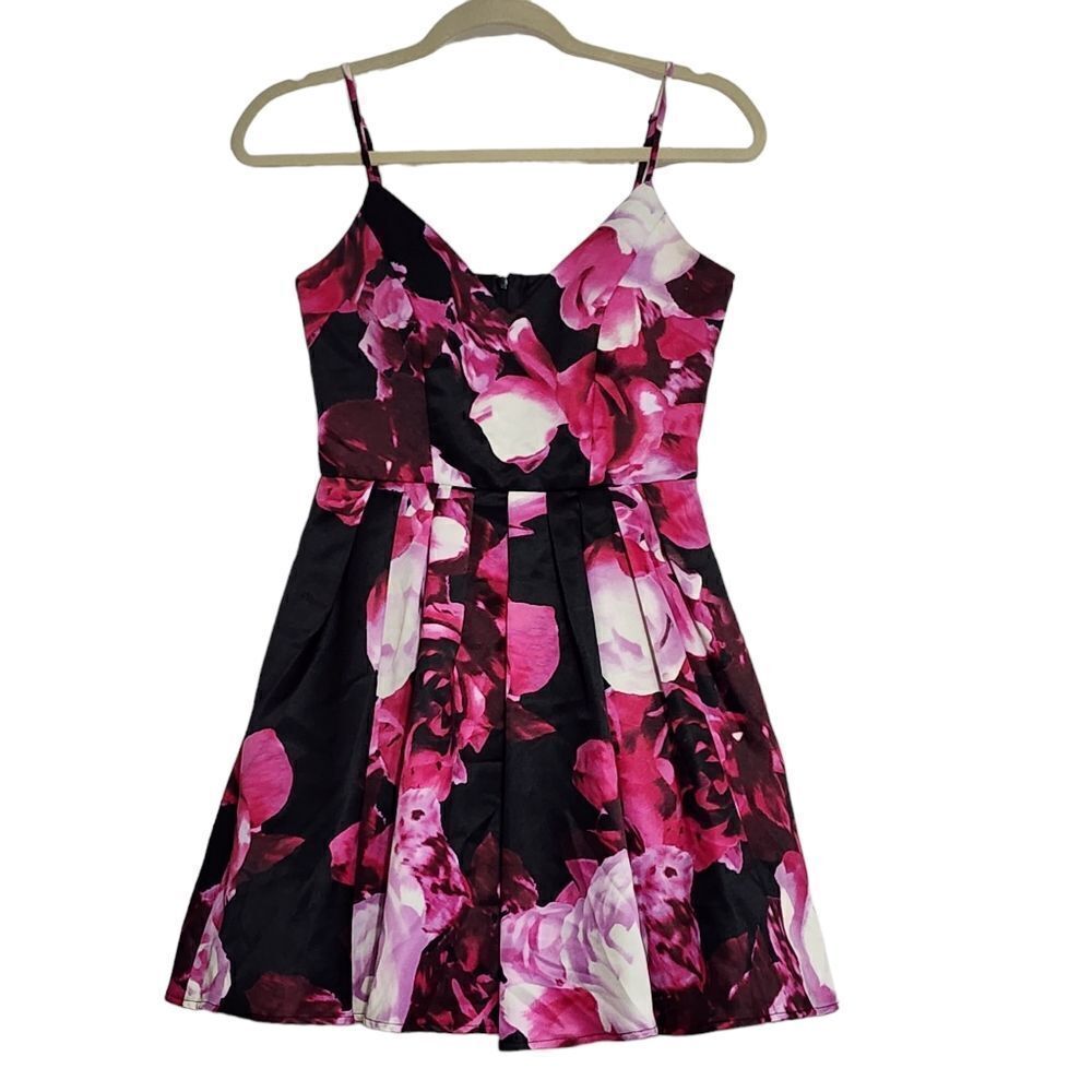 Jump Apparel black & pink rose print a-line mini dress 3/4 Prom Hoco